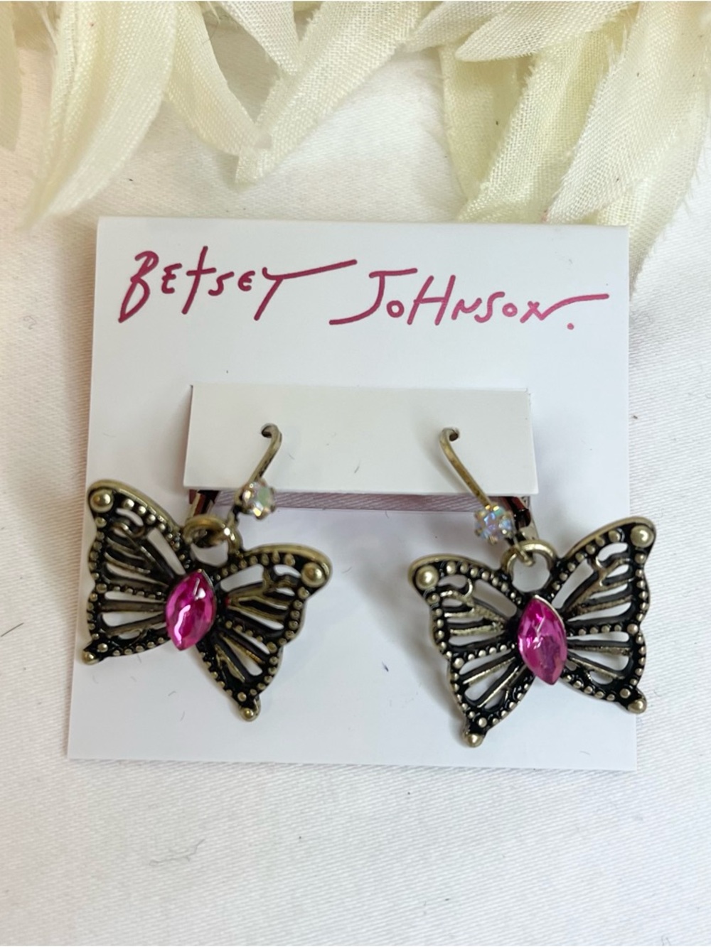 Betsey Johnson Antique Gold Butterfly Earrings with Hot Pink Stones
